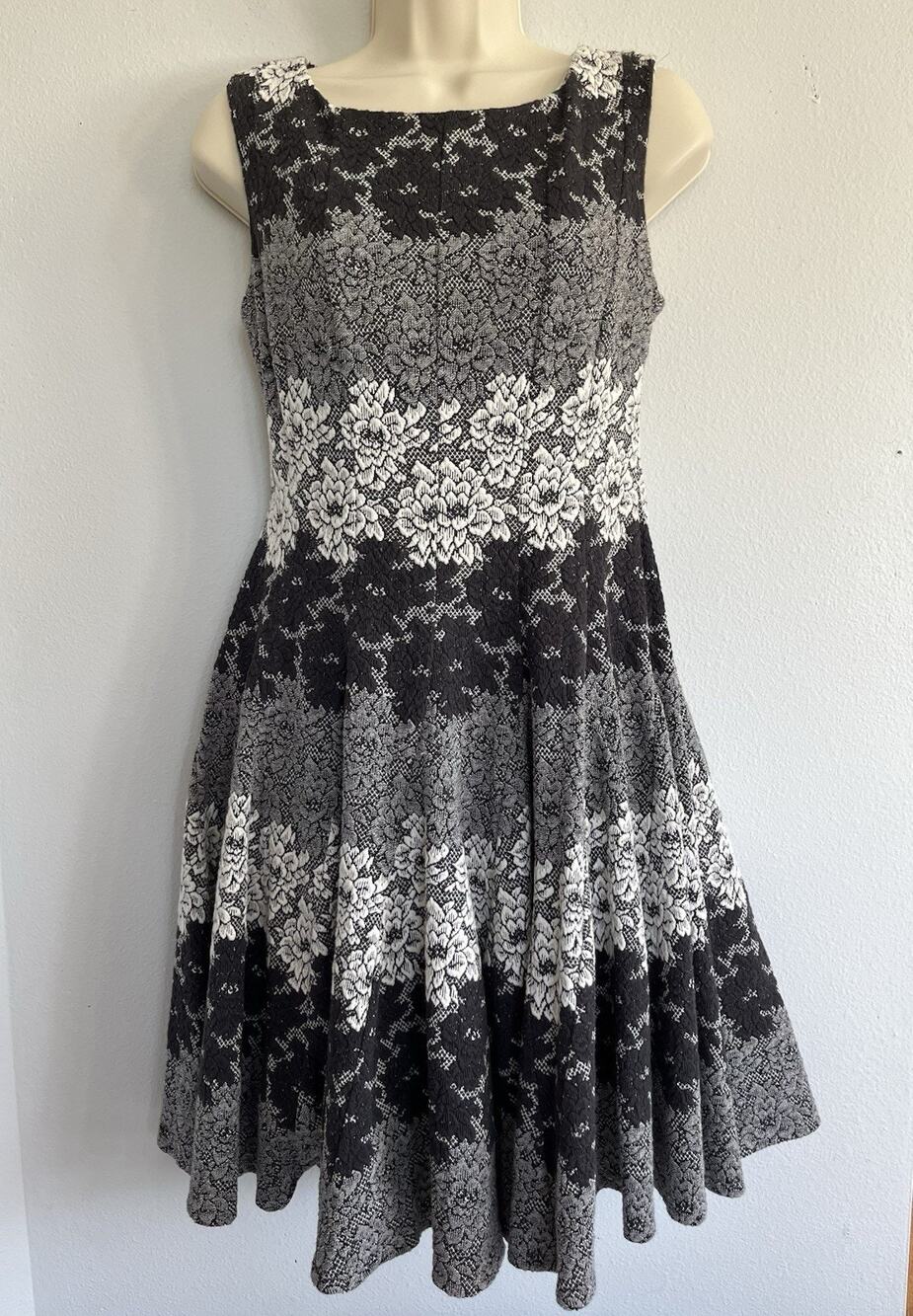 ELIZA J Womens Fit Flare Knit Midi Dress Gray Cream Black Boho Cottagecore Sz 4